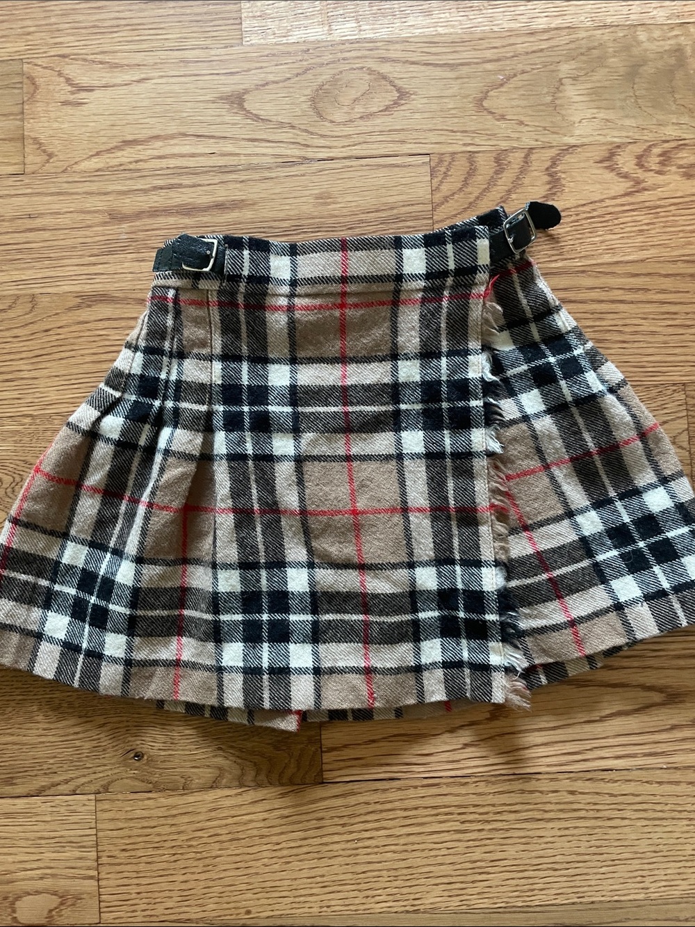 Beige Plaid Wrap Skirt with Black & Red Accents- pure wool